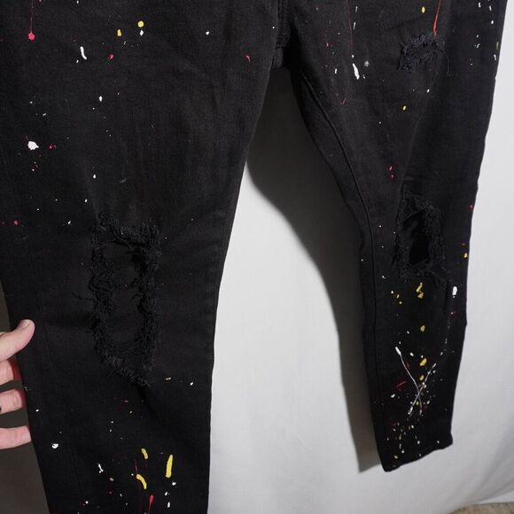 Embellish NYC Black‎ Denim Distressed Jeans Paint Splatter Rips Grunge Mens 40 - Picture 5 of 8